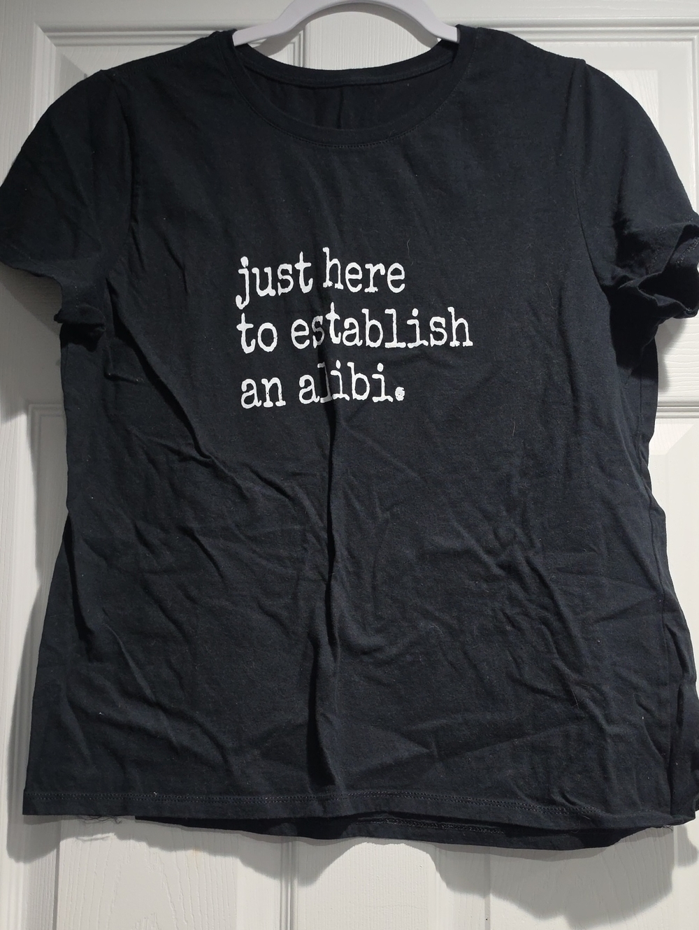 Gildan Black Tee with White "just here to establish an alibi." Print